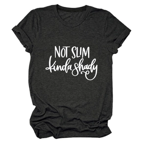 Detail of grey crewneck t-shirt featuring NOT SLIM kinda shady print and rolled cuffs