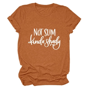 Detail of rolled sleeves and printed text on a caramel crewneck cotton t-shirt