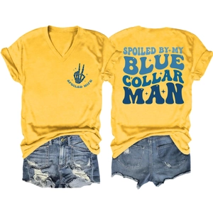 Front and back view of yellow V-neck T-shirt with Spoiled Wife print and denim shorts