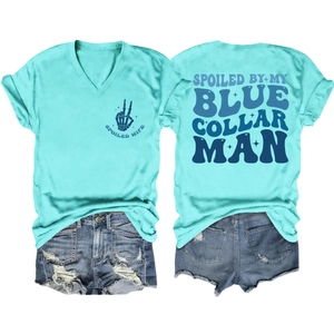 Detailed front and back view of mint green V-neck T-shirt with Spoiled Wife slogan