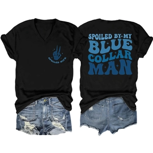 Close-up of black V-neck t-shirt with blue skeleton graphic and Spoiled Wife lettering
