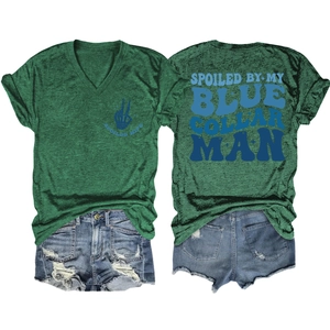 Flat lay of V-neck T-shirt and ripped denim shorts showing front and back print details