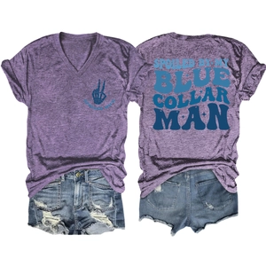 Front and back view of a purple V-neck T-shirt with Spoiled Wife print and denim shorts
