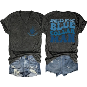 Flat lay detail of grey V-neck t-shirt and blue ripped denim shorts set for women