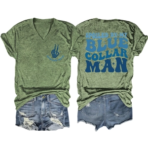 Detail of V-neck T-shirt and denim shorts with Spoiled Wife slogan print on white background