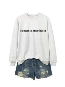 Macro shot of Women in Anesthesia print on light grey crewneck sweatshirt texture