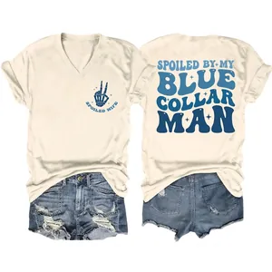 Women's Spoiled By My Blue Collar Man V-Neck Short Sleeve T-Shirt Loose Casual Cotton Blend Letter Print Summer Tee Top