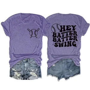 T-Shirt Décontracté en Mélange de Coton pour Femmes Impression Graphique Baseball Hey Batter Batter Swing Manches Courtes Coupe Large Col Rond