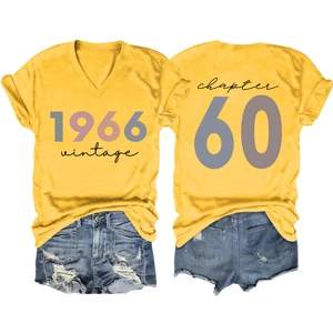 Detailed front and back view of a yellow V-neck 1966 vintage cotton T-shirt