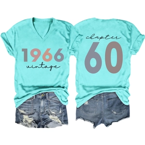 Women's lake green V-neck T-shirt with 1966 vintage print and denim shorts set