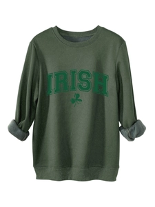 Detail of dark green Irish sweatshirt showing thick gray fleece lining and embroidery