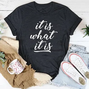 Damen Kurzarm T-Shirt Baumwollmischung Rundhals Lässig Streetwear It Is What It Is Buchstabendruck Ästhetisches Oberteil