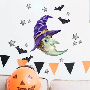 Halloween wall sticker featuring a purple witch, black bats, and grey stars for home decor