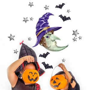 Cartoon Halloween wall decals featuring witch on moon, bats and stars for home decor
