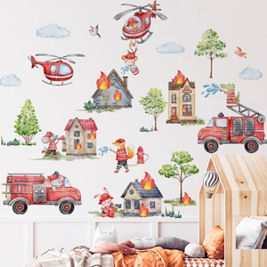 Wandtattoo Zeichentricktiere Feuerwehr mit Löschzug und Wald für Kinderzimmer Deko