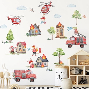 Aquarell Feuerwehrmann Tiere und Feuerwehr Wandtattoo für Kinderzimmer Wanddekoration