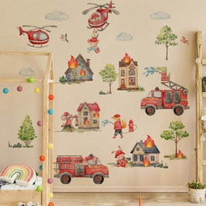 Kinderzimmer Wandsticker mit Aquarell-Feuerwehrautos, Rettungstieren und Waldlandschaft