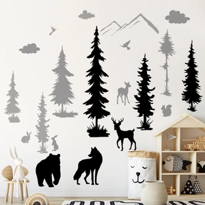 Forest animals wall decals with black bear fox and pine tree silhouettes for nursery decor