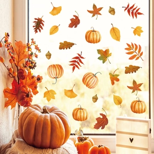 Autumn Thanksgiving Maple Leaf Pumpkin Window Clings For Glass Thanksgiving Halloween Harvest Decor PVC Static Window Decals Home Kitchen Decor