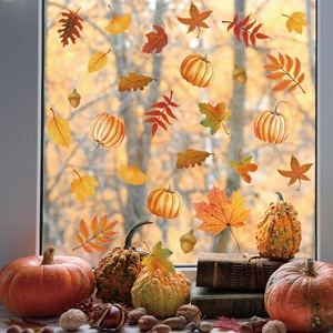 Fall window clings with realistic pumpkins and maple leaves for seasonal home decoration