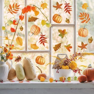 Autumn Thanksgiving window clings with pumpkins and maple leaves for home glass decor