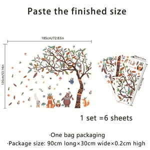 Cartoon forest wall stickers with large tree and animals showing layout size 185x135cm