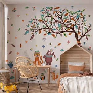 Forest Animal Tree Wall Stickers PVC Cartoon Tiger Bear Fox Owl Tribal Decals For Kids Nursery Bedroom Playroom Decor