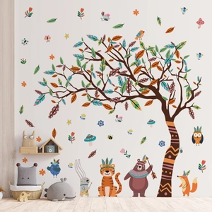 Cartoon forest animal wall stickers with tree tiger and bear for kids room decor