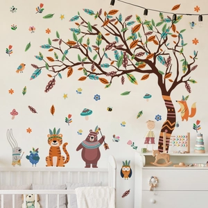 Forest animals wall decals with tribal tree, tiger and bear for kids nursery decor
