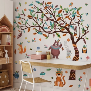 Cartoon forest animals and tree wall sticker set for kids room nursery decor