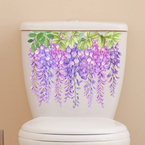 Wisteria Flower Toilet Sticker PVC Self-Adhesive Waterproof Wall Decal Purple Floral Vine Decor For Bathroom Restroom