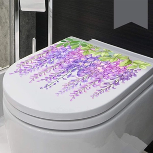 Violet wisteria floral toilet seat sticker with green leaves for bathroom decoration