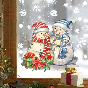 Christmas snowman window stickers with snowflakes and gift boxes on glass background