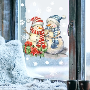 Christmas window decals featuring cute cartoon snowmen with snowflakes for home holiday decor