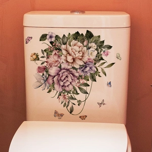 Floral toilet wall sticker with peonies and butterflies for bathroom decoration