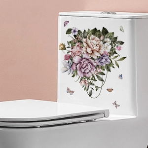 Floral toilet wall sticker with watercolor flowers and butterflies on a white surface