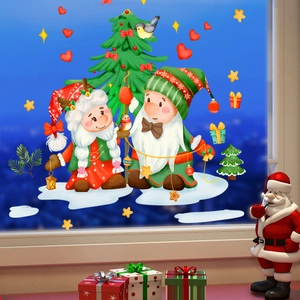 Detailed scene of cartoon Santa and Christmas tree static window stickers on glass