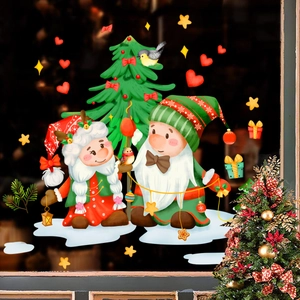 Christmas Window Clings Static PVC Gnome Tree Star Heart Reusable Holiday Glass Door Stickers For Home Party Decor