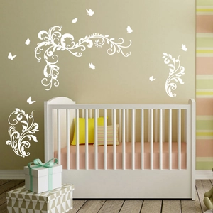 Elegant white floral vine and butterfly wall stickers for nursery and home wall decor