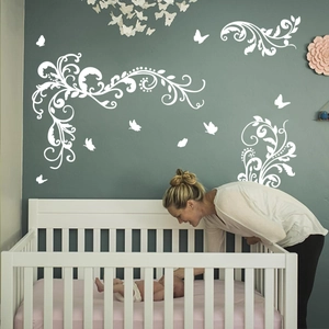 Self-adhesive white floral vine and butterfly wall stickers for bedroom nursery decoration