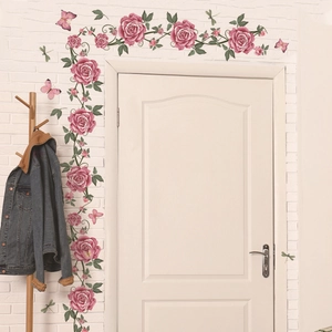 Pink rose vine wall decals with butterflies and dragonflies for home living room decor