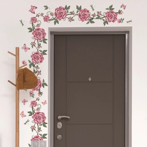 Pink rose floral wall stickers with butterflies for home decor and door corner decoration