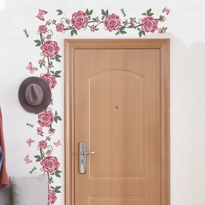 Pink vine flowers and butterflies wall stickers for home living room door decoration