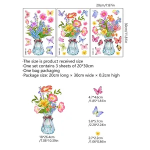 Size chart for 3-sheet flower vase and butterfly static window stickers measuring 20x30cm
