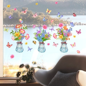 Self-adhesive floral vase and butterfly window decals for bright home interior decoration