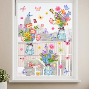 Floral vase and colorful butterfly static window clings for home glass decoration