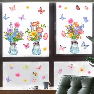 Floral vase window clings with colorful butterflies for decorative static glass application