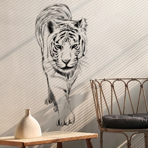 Modern cartoon tiger wall sticker with black and white sketch style for living room decor