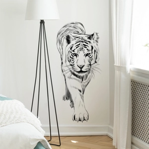 Modern wall sticker featuring a realistic black and white tiger sketch in a bedroom