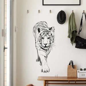 Realistic black and white tiger wall sticker shown in a minimalist home entryway scene